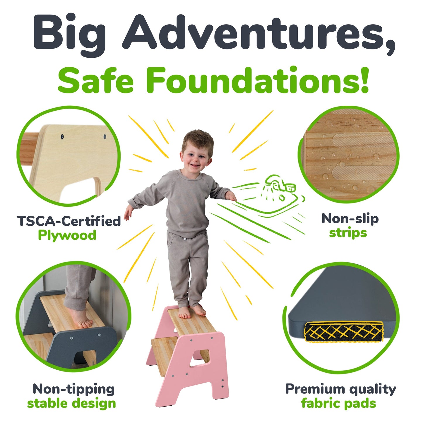 2-Step Wooden Stool for Toddlers(Step Stool for Children Ages 2+)